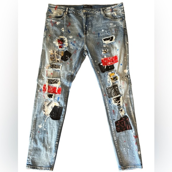 Embellish Rip and Repair Denim Jeans Patchwork Shredded Distressed Blue 44 Mens - Picture 1 of 5